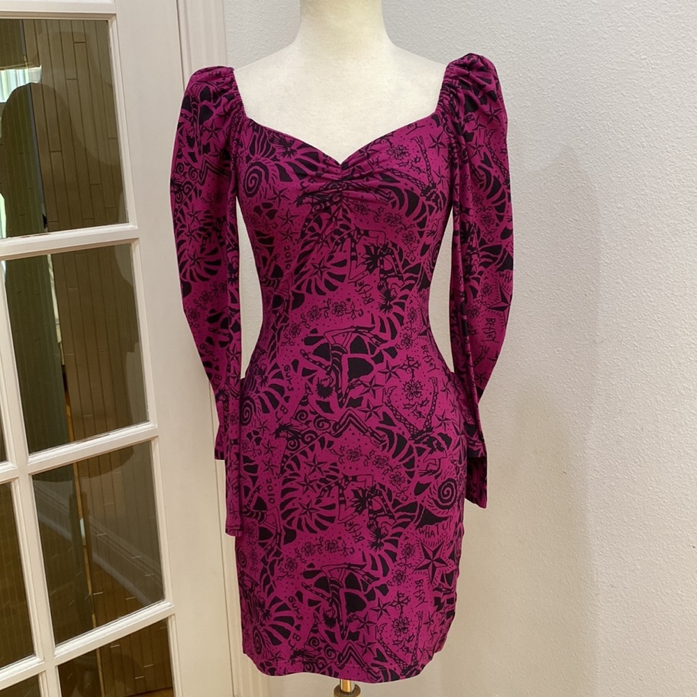 Vintage Y2K ⭐️🖤 Betsey Johnson Fuchsia Tattoo Pencil Dress, NWT, Size Small